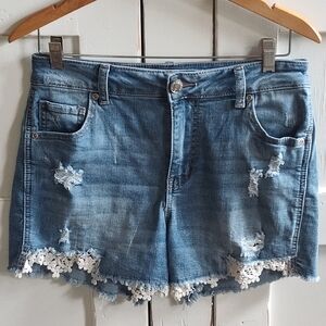 Maurice Women's Denim Distressed Mid Rise Shorts with Crochet Lace Trim | Sz 4